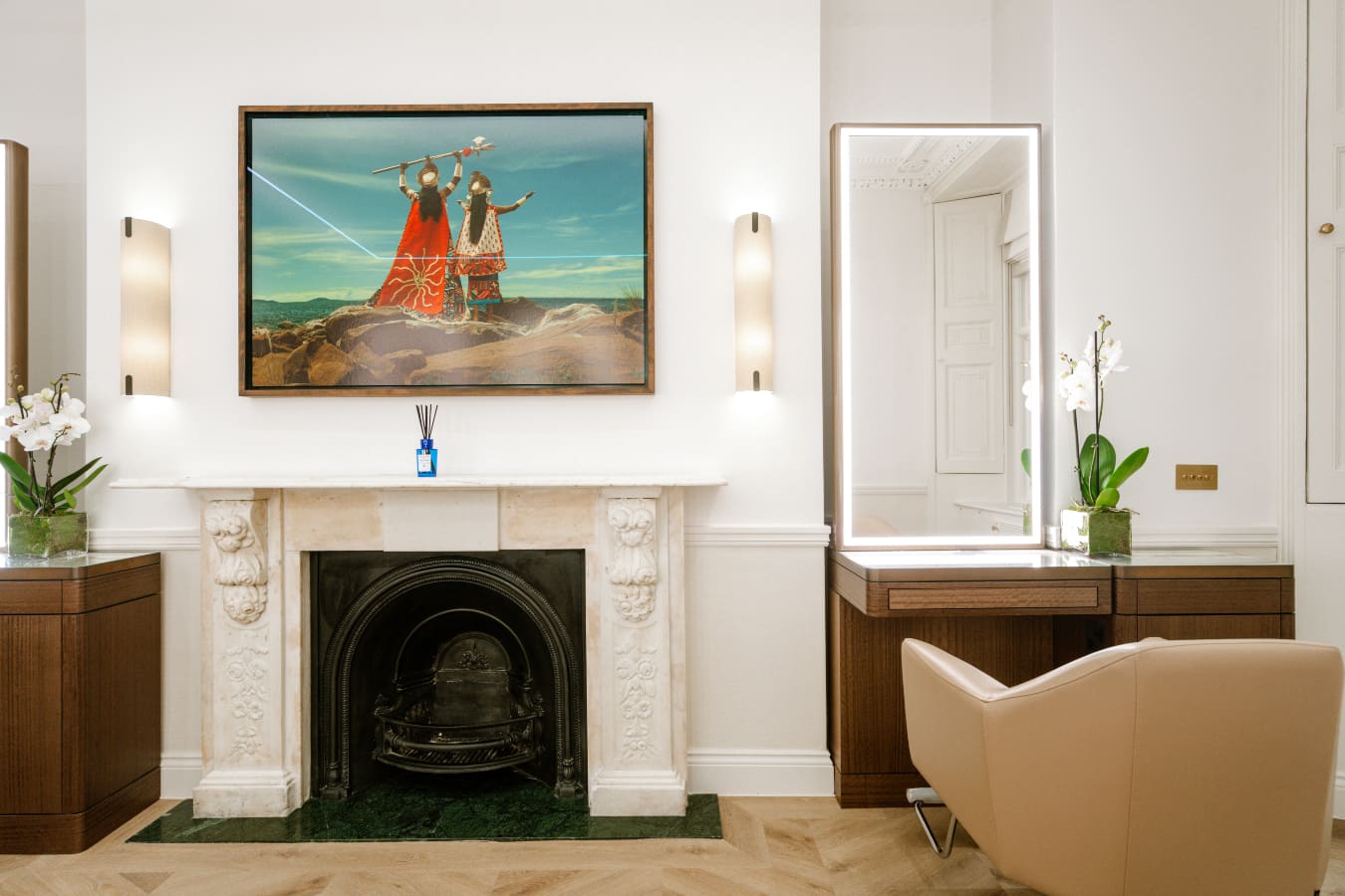 Art-lined walls at The Six salon in Mayfair