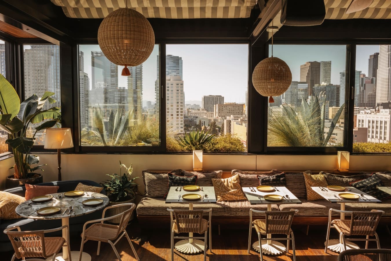 City views and neutral interiors at Inanna bar and restaurant at The Hoxton, LA