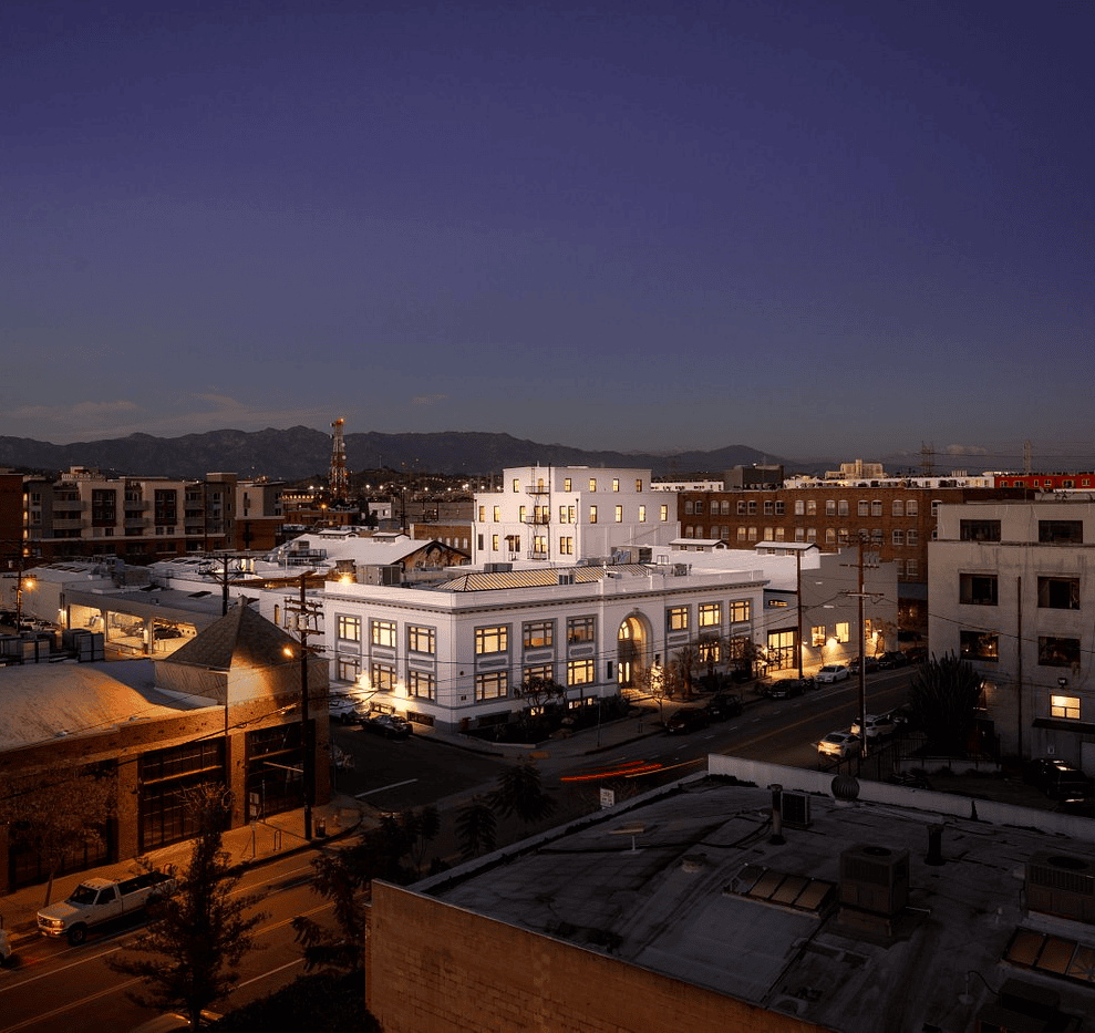 What to do in LA this month | The facade of Hauser & Wirth DTLA at night at a distance
