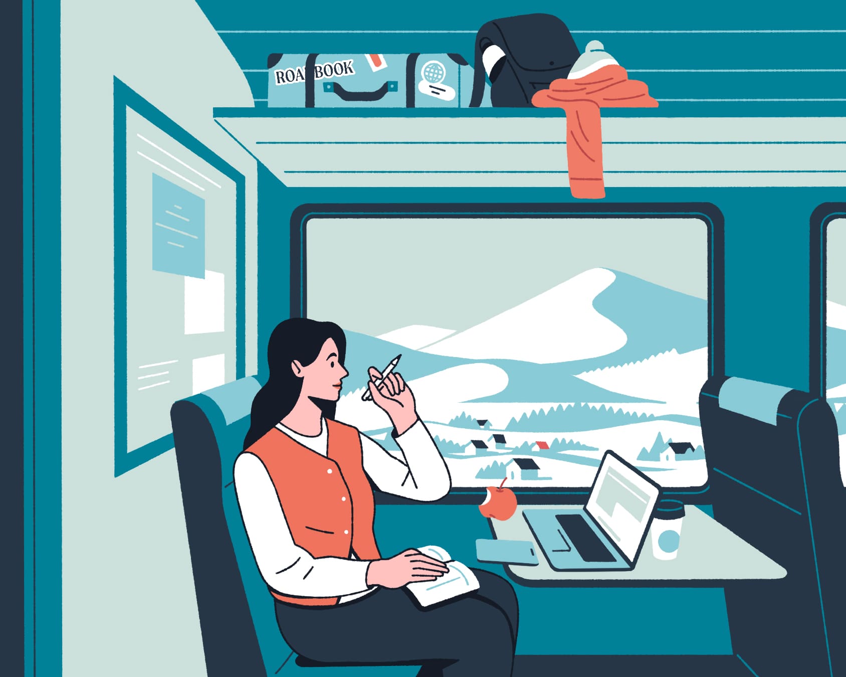 Woman on train with laptop and mountain views