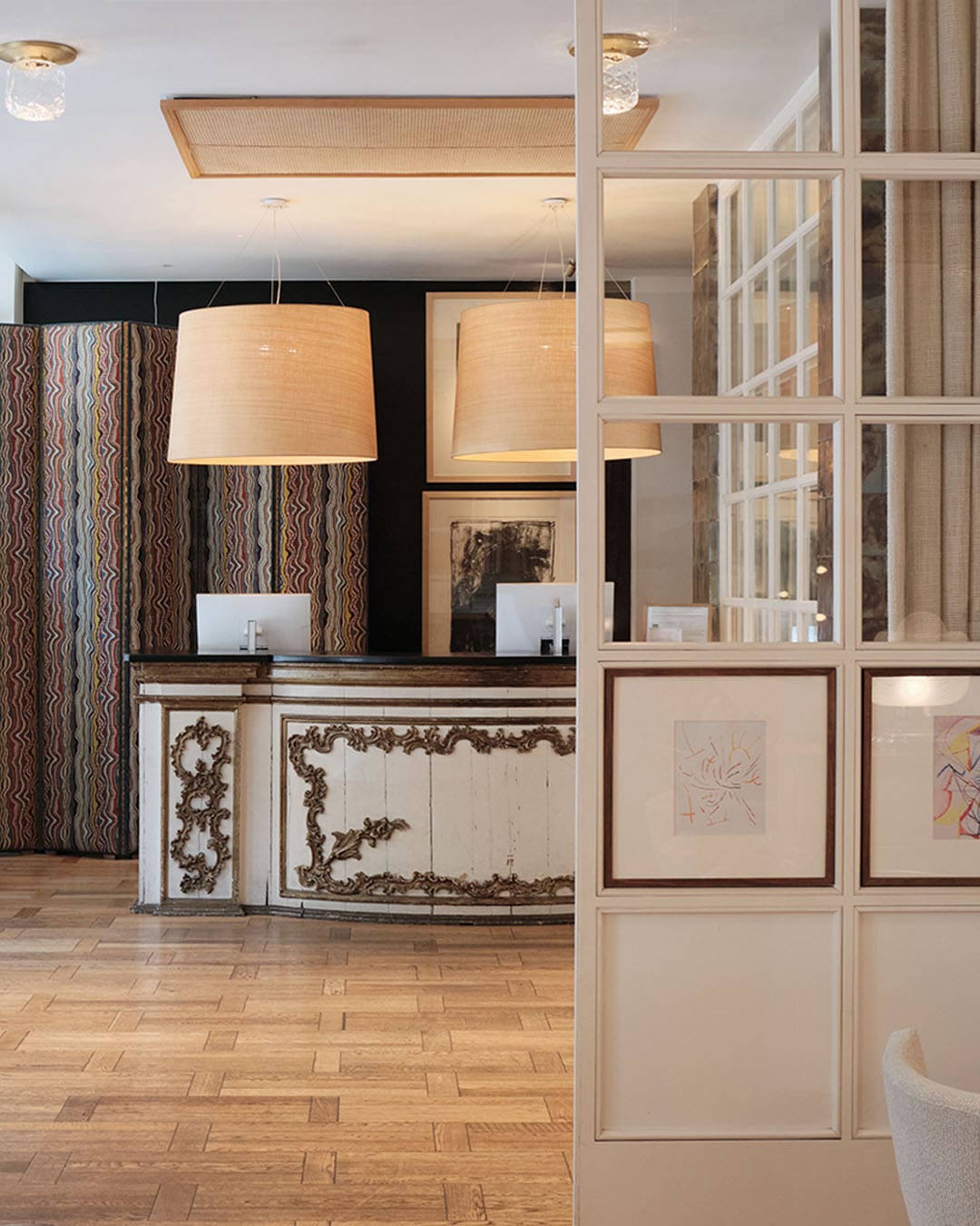 Modern hotel lobby at Hotel Pulitzer in Barcelona