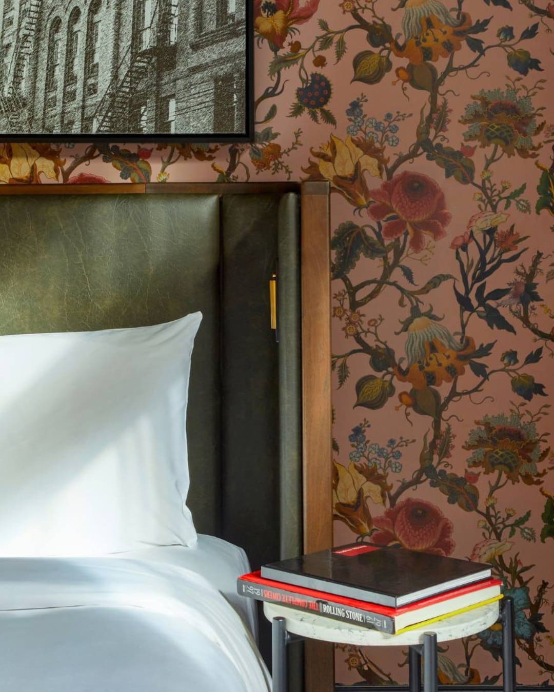 A wildly wallpapered room at The Broadview hotel