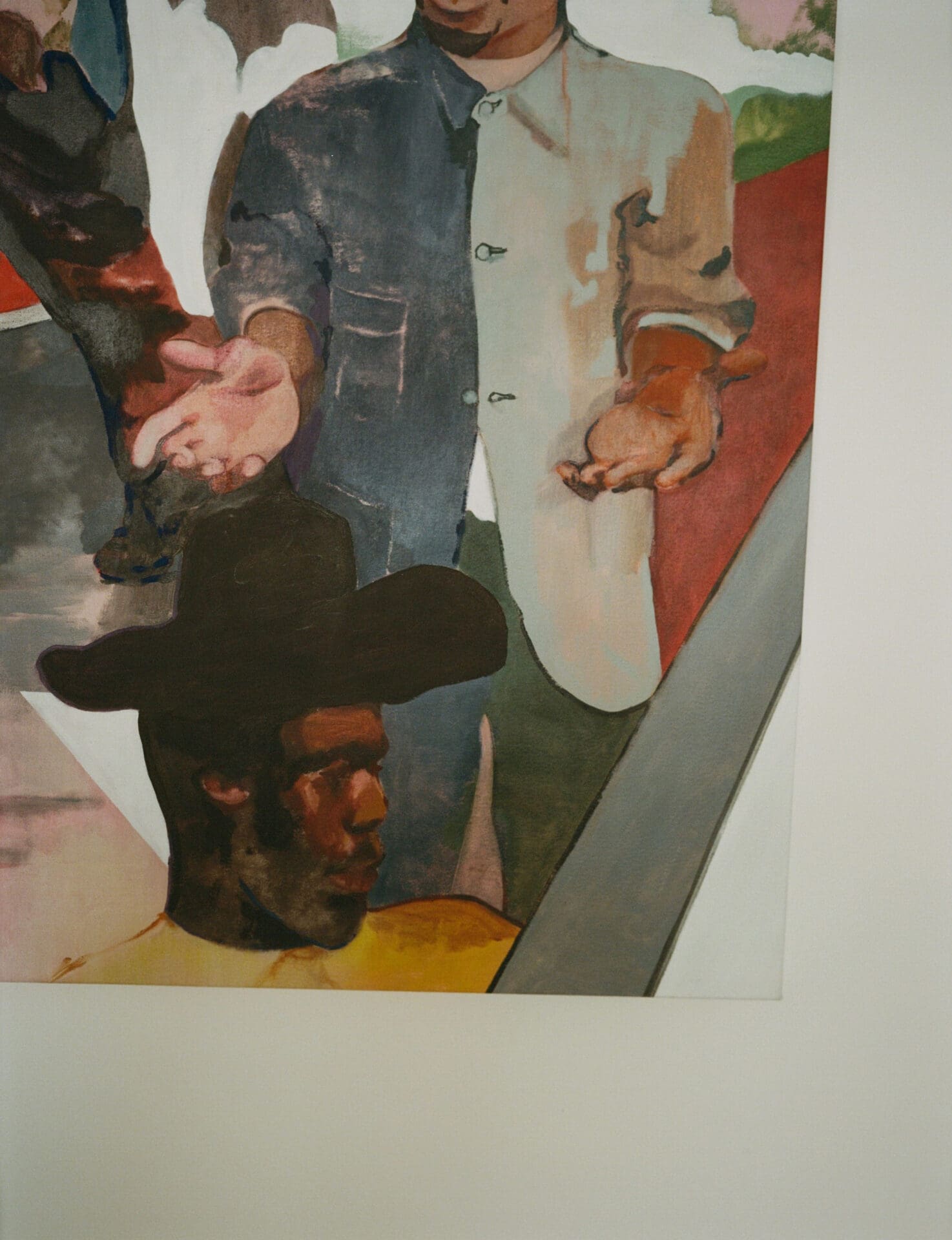 A painting of man in a crowd wearing a cowboy hat