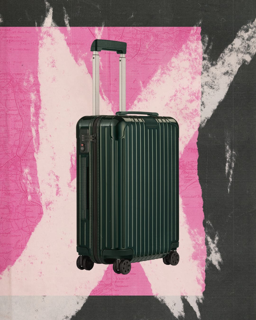 A black Rimowa suitcase against a graphic backdrop