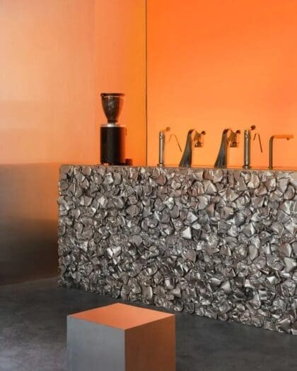Modbar accents stainless steel at Cafe Nuances, Paris